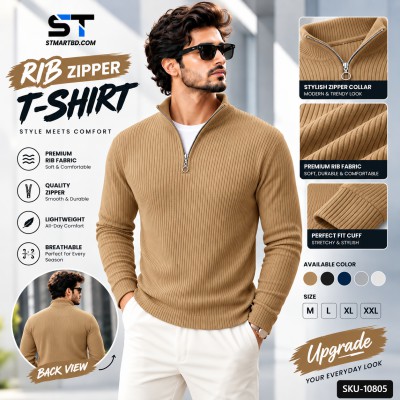 Premium Zipper Rib Thermal Tee -Khaki