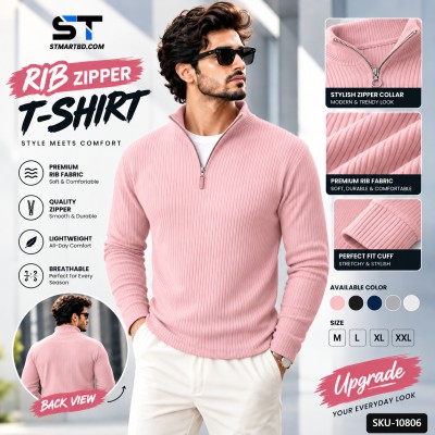 Premium Zipper Rib Thermal Tee -Light Pink