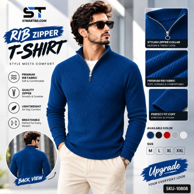 Premium Zipper Rib Thermal Tee - Blue