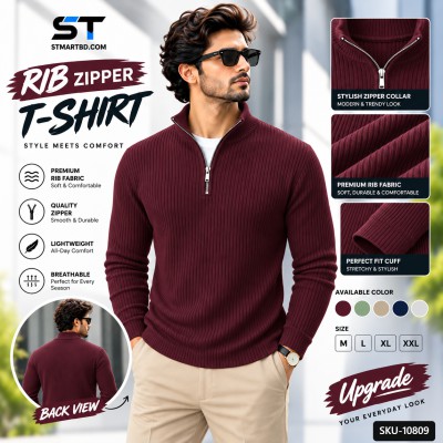 Premium Zipper Rib Thermal Tee -Maroon