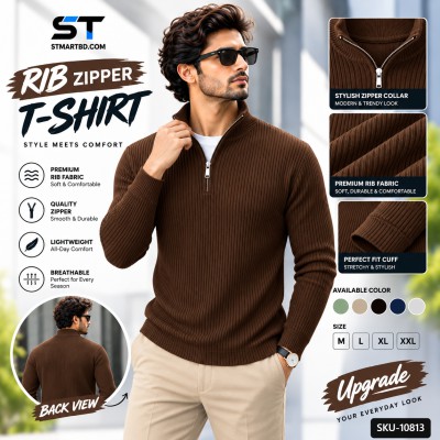 Premium Zipper Rib Thermal Tee -Chocolate