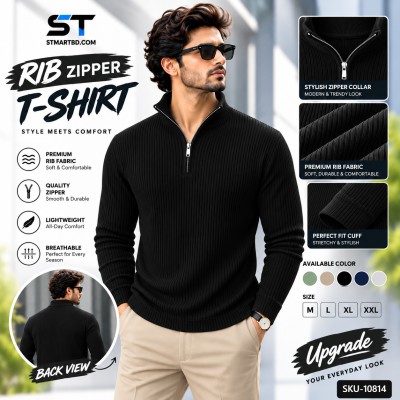 Premium Zipper Rib Thermal Tee - Black