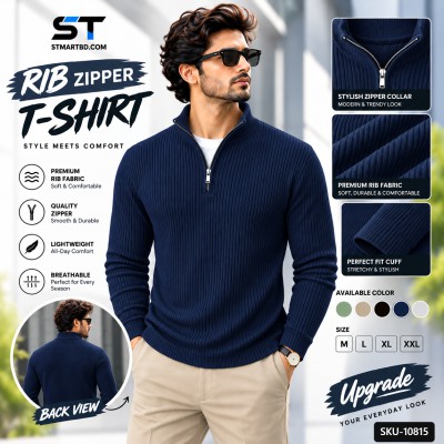 Premium Zipper Rib Thermal Tee - Navy Blue
