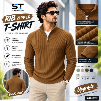 Premium Zipper Rib Thermal Tee -Dirt Brown