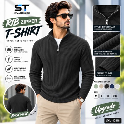 Premium Zipper Rib Thermal Tee -Dark Gray